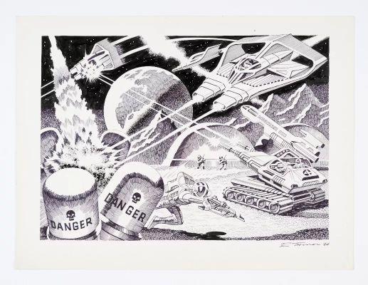 Lot 111 - ’The Attack on Moon Base One’ original artwork (1984) drawn and signed by Ron Turner. Pen and ink | Comic Book Auctions ltd