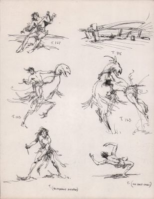 Roy Krenkel | 6 Studies of Tarzan on Raptor/With Knife in Ink | Anthony’s Comic Book Art