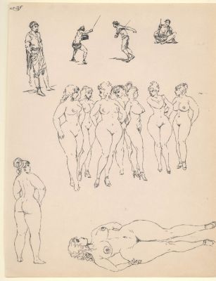 Roy Krenkel | Outstanding Krenkel Full Page of Ink Sketchs - Nine Zaftig Nudes And Swordplay | Koch Comic Art