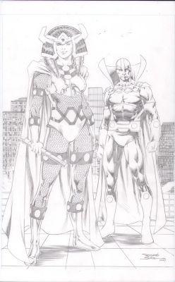 Ricardo Silva | Big Barda & Mr. Miracle with City Backdrop Pencil Art - Signed - 2021 | Anthony’s Comic Book Art