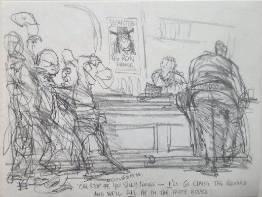 Pat Oliphant | Oliphant, Patrick - Political Cartoon Double Sketch, Mondale & Reagan in Old West Saloon + Jesse Helms Crashes a Presidential Run 1984 | Cool Lines Art