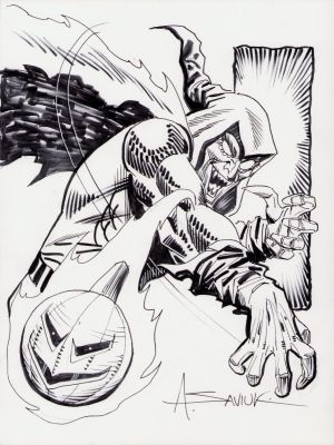 Alex Saviuk | Green Goblin Throwing Pumpkin Ball Ink Art Commission - Signed | Anthony’s Comic Book Art