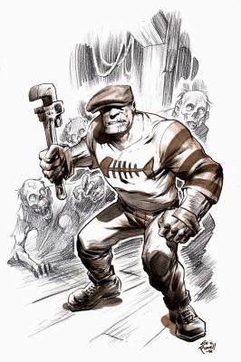 Eric Powell | Goon Detailed Mixed Media Pinup Battling 3 Zombies! (2014) | Romitaman
