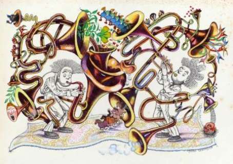 Nicole Claveloux | Sacquebouteman contre Buglator 40 Bulles de Jazz – page 35 Encre, aquarelle et crayons de couleur sur vieux papier 45 x 33 cm | JML Arts