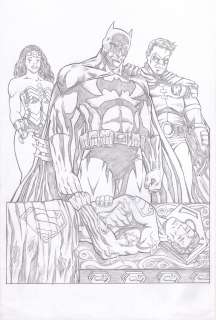 Alcides Pacheco | Superman Funeral w/ Wonder Woman, Batman & Robin Pinup | Abel Original Art