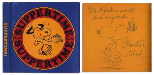 Charles Schulz Hand-Drawn Sketch of Snoopy Within His Signed ’’Peanuts’’ Foodie Theme Book, ’’Suppertime!’’ | Nate Sanders