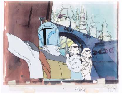 STAR WARS HOLIDAY SPECIAL (1978) - BOBA FETT PRODUCTION ANIMATION CEL & PENCIL DRAWING PAIR.