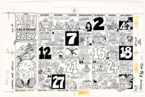 Ron Zalme Marvel Age #55 Back Cover July-1987 Calendar Illustration Original Art (Marvel, 1987). | Heritage