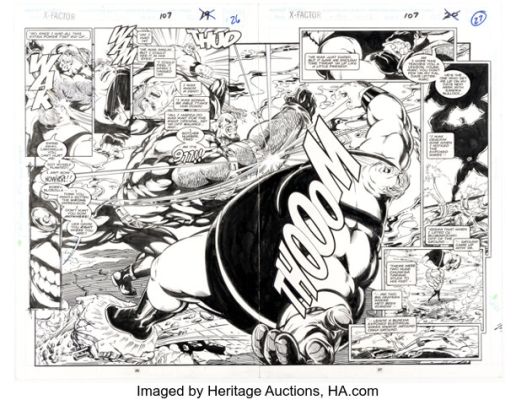 Paul Borges and Al Milgrom X-Factor #107 Strong Guy vs. Blob Double Page Spread 19-20 Original Art (Marvel, 1994). | Heritage