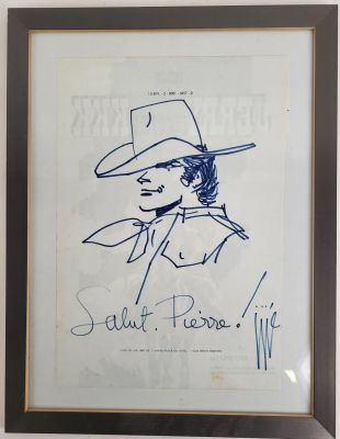 Jijé - Portrait de Jerry Spring. Dessin Au Feutre Bleu Avec Dédicace. 340/230 Mm, Encadré, Sur Une Feuille de Papier Provenant D’un Ouvrage Grand in-Folio. Encadré. | Lot 16 : | misc / divers