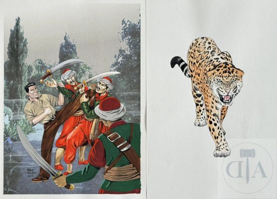 Leclercq / Bob Morane. Couverture Originale Réalisé Pour Le Roman D’henri Vernes "Opération Chronos" + Un Superbe Dessin Originale D’un Léopard. Encre de Chine Et Gouache Signée Et Datée 2015. Tbe+. Format A4 | Lot 564 : Leclercq / Bob Morane. Couverture originale réalisé pour le roman… | Dagoty