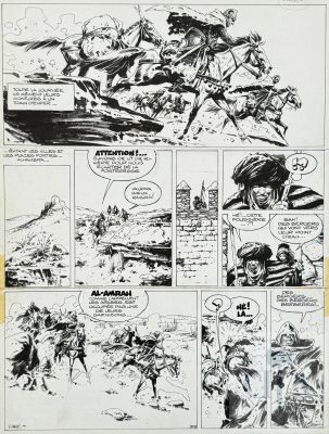 Vance / Ramiro. Planche Originale N°40 de L’album T8 "Les Otages" Illustrant Une Scène D’action Avec Les 5 Chevaliers À Cheval. Publié Dan Le Magazine "Femmes D’aujourd’hui" En Juin 1981. Superbe Rendu de La Vitesse Et Du Mouvement Pour Ce Maître de La Bd Franco-Belge. Rare. Encre de Chine Signée Et Datée 1980. Tbe. 32 X 42 Cm | Vance / Ramiro. Planche originale n°40 de l’album T8 "Les otages"… | Dagoty