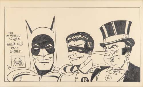 Lot #510 - Bob Kane Signed Original Oversized Sketch - Batman, Robin, and the Penguin