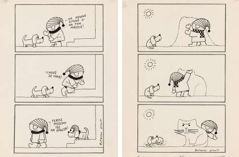 Bohdan Butenko (1931 - 2019) | Bohdan Butenko | "- Na pewno zimno Ci na tym mrozie!", zestaw rysunek + "Miś" | Desa Unicum