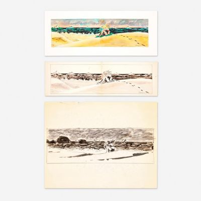 Lot 357 - George Roussos, Group of 3 ’Woman on Beach’ Original Art Illustrations | Landry Pop Auctions