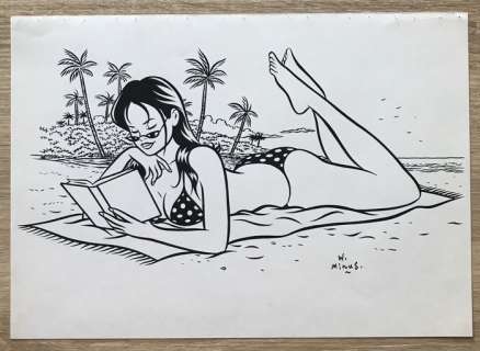 Minus, Walter - Dessin original - Pin-up Ã  la plage | Catawiki