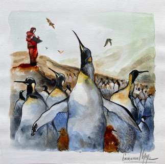 Lepage, Emmanuel - Dessin original couleur - Autoportrait & Manchot Empereur - (2014) | Catawiki