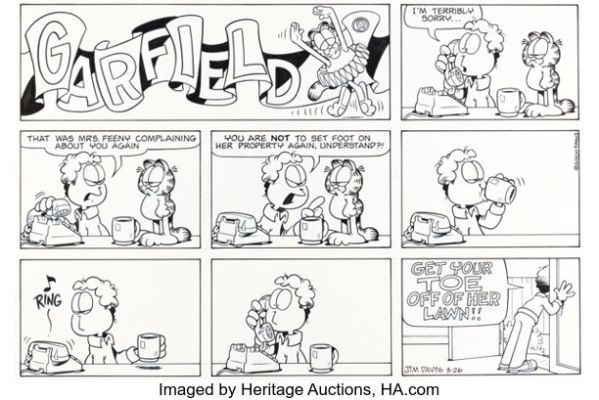 Jim Davis Garfield Sunday Comic Strip Original Art dated 3-26-00 (PAWS, 2000). | Heritage