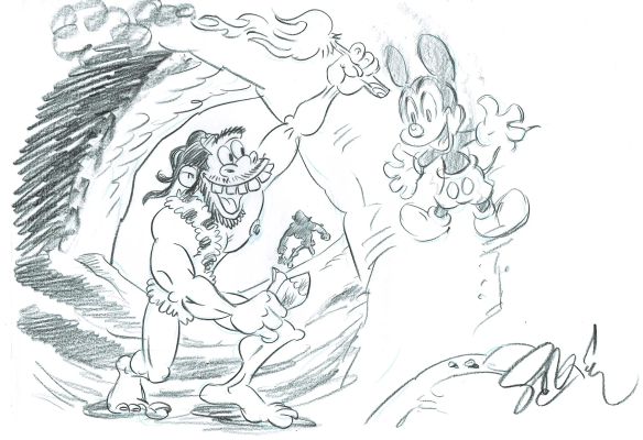 Mickey Mouse and Caveman Pete – Prehistoric Encounter Sketch | Corner4art