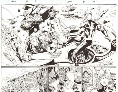 Scott Hanna - Nova #21 pgs. 9 & 10 - fantastic four, fantasticar, & baxter building dps - blue line ink art only of wellinton alves pencils - 2009