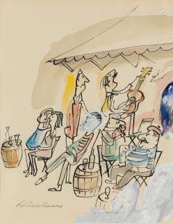 LUDWIG BEMELMANS. "There is shade under gray awnings, a guitar player, a mandolin picker, a girl singer softly entertains..." | Swann Galleries