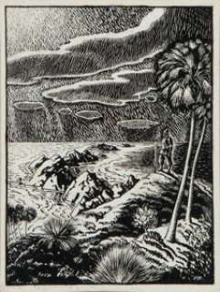 Peter Hurd (American, 1904-1984)
 Robinson Crusoe, Great Stories of the Sea & Ships interior book illustration
 Oil on b... (Total: 2 Items) | Heritage