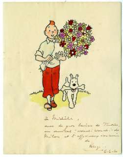Hergé | Dessin original Tintin au bouquet: Encre de Chine et aquarelle pour | Millon