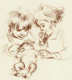 Vincent, Gabrielle (Pseudoniem Van Monique Martin) | Gabriëlle Vincent (bekend van Erneste et Célestine/ Brammert en Tissie) - Conté op dik papier voor een geboortekaartje - Page volante - (1970/1975) | Catawiki