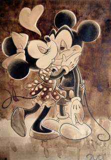 Guti, Coffee Artist | Mickey & Minnie "Million Kisses" - Original Coffee Painting - Guti Signed - Original Coffee Art | Catawiki