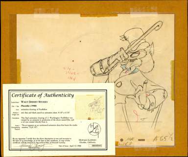 Walt Disney Studio - FOULFELLOW, PINOCCHIO, Drawing, COA (1940) | Russ Cochran