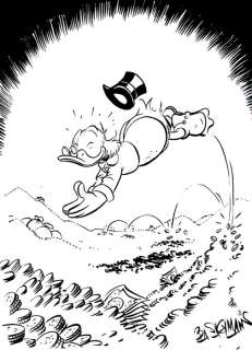 Bas Heymans | Bas Heymans - Originele tekening - Dagobert Duck duikend in geld - Exemplaire unique | Catawiki