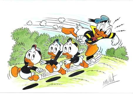 Millet | Donald Duck - Donald running after Huey, Dewey & Louie - Signed original drawing by Millet | Catawiki
