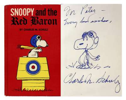 Charles Schulz Signed Drawing of Snoopy as the Flying Ace -- Within a First Edition of ’’Snoopy and the Red Baron’’ | Nate Sanders