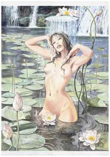 Milo Manara - Illustration originale, réalisée pour un catalogue Hansgrohe, fabriquant de robinetterie. Publiée dans le catalogue d’exposition Milo Manara Le Stanze Del Desiderio édité par 24 Ore Cultura en 2011. Signée. Aquarelle, gouache, stylo à bille et crayon de couleur sur papier