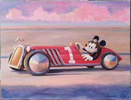 Sergio Garrido | Sergio Garrido - Original Acrylic Art on Canvas - Mickey on Bonneville (Boneville) Salt Lake Race - (2017) | Catawiki