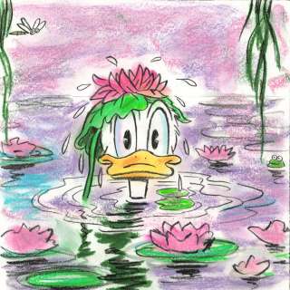 Tony Fernandez, Disney Artist | Donald Duck Inspired By Monet "Water Lilies" - Original Painting - Tony Fernandez Signed - Original Artwork - 48 x 32 cm | Catawiki