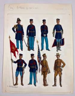 Funcken, Fred & Liliane | Funcken, Fred & Liliane - Dessin original couleur - L’Uniforme & armes des soldats des Etats-Unis - Artillerie, 1902 à 1907 - (1969) | Catawiki
