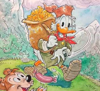 Alessandro Gottardo | Uncle Scrooge - "A Sausage for the Bear" - Signed Original Watercolour Drawing by Alessandro Gottardo - (2022) | Catawiki