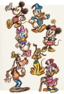 Joan Vizcarra | Disney Family - Micky Mouse, Donald Duck, Uncle Scrooge, Minnie Mouse, Daisy Duck, Pluto and Goofy - Fine Art Giclée - Joan Vizcarra Signed - Canvas - Artist Edition - Exemplaire unique | Catawiki