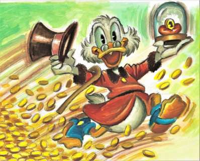 Joan Vizcarra | $crooge McDuck Running with his Number One Dime - Carl Barks Tribute - Acrylic Painting - Joan Vizcarra - Acrylic Art - Original Artwork | Catawiki