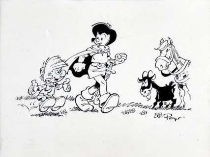 Peyo (Pierre Culliford Dit) | PEYO JOHAN ET PIRLOUIT. Encre de Chine pour cette illustration… | Coutau Bégarie