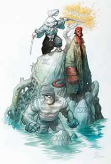 Eric Powell, Stan Sakai, and Mike Mignola The Goon, Hellboy, and Usagi Yojimbo Anniversary Print Painting Original Art (Dark Horse, 2024).