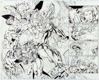 Bryan Hitch and Paul Neary X-Men vs. the Brood #1 Double Page Spread 32-33 Original Art (Marvel, 1996).