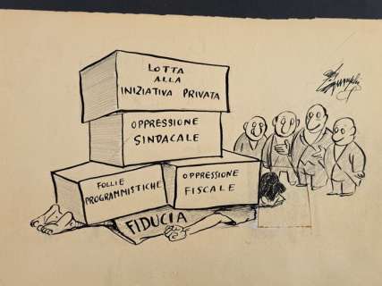 Guareschi, Giovanni - 1 Original drawing - Il Problema del Risparmio: "Com’è che non si risolleva?" - 1964 | Catawiki