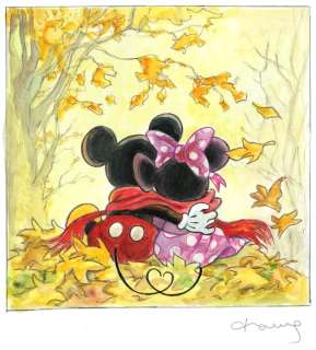 Tony Fernandez - Mickey & Minnie in Autumn Embrace - Original Acrylic & Watercolor Painting - 50 x 32 cm | Catawiki