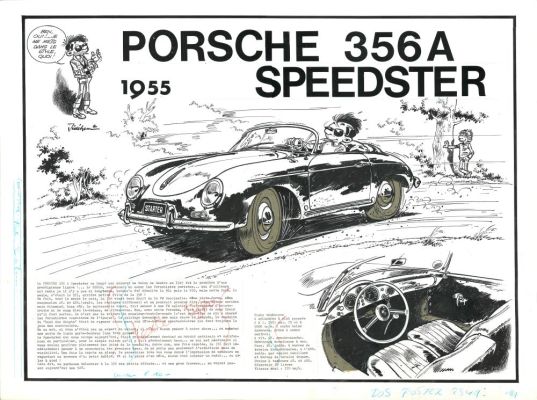 Lot 88 - JIDEHEM (1935-2017). Porsche 356A speedster. Dessin original réhaussé d’un dessin de dédicace de 1980. | HVMC