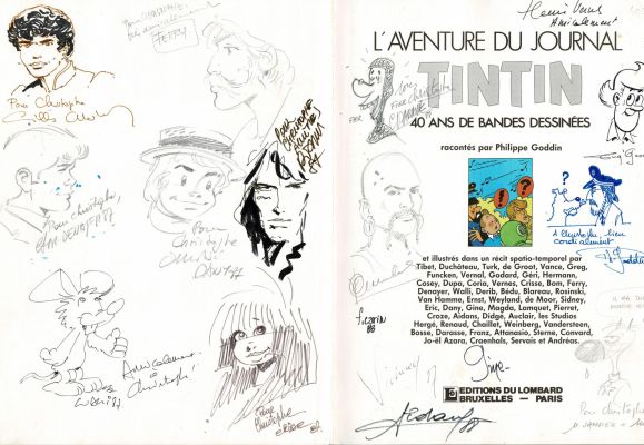 Collectif | Lot 220 - L’aventure du journal Tintin, 40 ans de bandes dessinées en édition originale, agrémenté de dédicaces de Rosinski, Chaillet, Ferry, Denayer, Dany, Walli, Crisse Eugène Goossens, Craenhals, Darasse, Janvier, Weyland, Sidney, Bom,&hellip; | Septimus