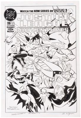 Lot 186 - JOE STATON JUSTICE LEAGUE ADVENTURES #28 UNPUBLISHED COMIC BOOK COMPLETE ISSUE ORIGINAL ART WITH PRELIMINARY & COMMISSION COVER ART. | Hake’s