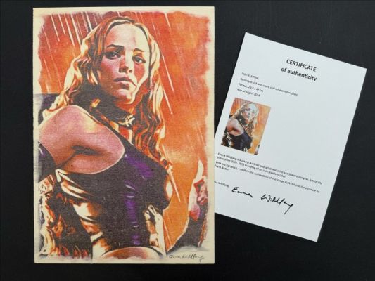 Emma Wildfang - 1 Original drawing - Elektra - Ink and Chark Coal on a Wooden Plate (incl. Certificate) - 2018 | Catawiki