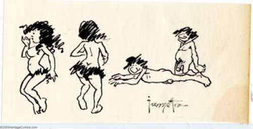 Frank Frazetta, Original Art Sketch, Cave Men and Women (undated). Frank Frazetta lets his pen and imagination - | Heritage